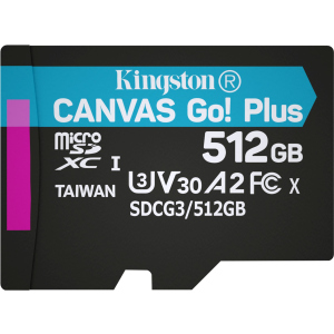 Kingston MicroSDXC 512GB Canvas Go! Plus Class 10 UHS-I U3 V30 A2 (SDCG3/512GBSP) лучшая модель в Хмельницком