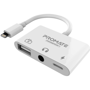 Адаптер Promate MediaBridge-i Lightning/USB 3.0 OTG+AUX 3.5 мм+10 Вт Lightning-in White (mediabridge-i.white) ТОП в Хмельницькому