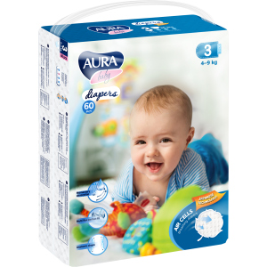 Подгузники одноразовые для детей AURA baby 3/M 4-9 кг mega-pack 60 шт (4752171003286)