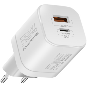 Сетевое зарядное устройство Promate PowerPort-33 Вт USB-C+USB-A White (powerport-33.white) надежный