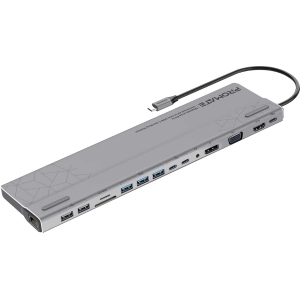 Док станция 15-в-1 Promate BaseLink-Pro USB-C PD/HDMI/VGA/DisplayPort/3xUSB 3.1/2xUSB-C 3.1/2xUSB 2.0/RJ45/SD/MicroSD/AUX 3.5 мм Grey (baselink-pro.black) в Хмельницком