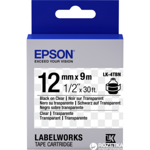 Картридж зі стрічкою Epson LabelWorks LK4TBN 12 мм / 9 м Black/Clear (C53S654012) краща модель в Хмельницькому