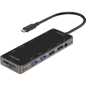 USB-C хаб 11-в-1 Promate PrimeHub-Pro USB-C PD/HDMI/VGA/2xUSB 3.0/2xUSB 2.0/RJ45/SD/MicroSD/AUX 3.5 мм Grey (primehub-pro.grey)