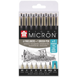 Набір лінерів Sakura Pigma Micron 6 шт 1 лінер-пензель Pigma Brush + Pigma Micron PN в подарунок в Хмельницькому