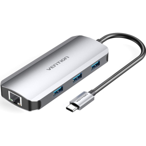 хорошая модель USB-хаб Vention USB3.1 Type-C > HDMI/USB 3.0x3/RJ45/PD 100W Hub 6-in-1 (TOHHB)