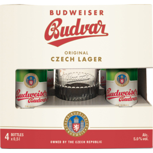 Подарунковий набір пиво Budweiser світле відфільтроване 5% 0.5 л x 4 шт. + кухоль 0.5 л (8594403707380) ТОП в Хмельницькому