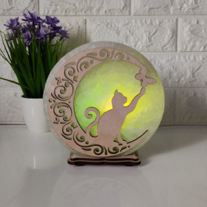 Соляная лампа EcoDecorLamp круглая Кот и бабочка зелёная