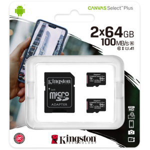 хороша модель Kingston microSDXC 2х64GB Canvas Select Plus Class 10 UHS-I U1 V10 A1 + SD-адаптер (SDCS2/64GB-2P1A)