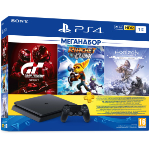 Ігрова приставка PlayStation 4 1ТБ Black у комплекті з 3 іграми та підпискою PS Plus (Ratchet &amp; Clank + Horizon Zero Dawn + Gran Turismo Sport + PS Plus 3 місяці) в Хмельницькому