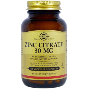 Цинк Solgar Цитрат, 30 мг, Zinc Citrate, 100 вегетаріанських капсул (33984036703)