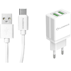 Сетевое зарядное устройство Florence 2USB 2A + Type-C Cable White (FL-1021-WT) лучшая модель в Хмельницком